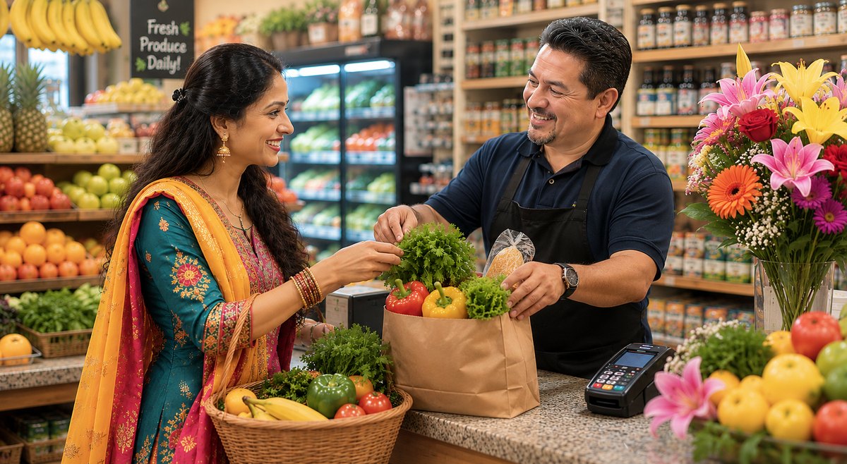 Corner store owner handing a bag of fresh produce to a customer next to a 'Fresh Produce Daily' sign
