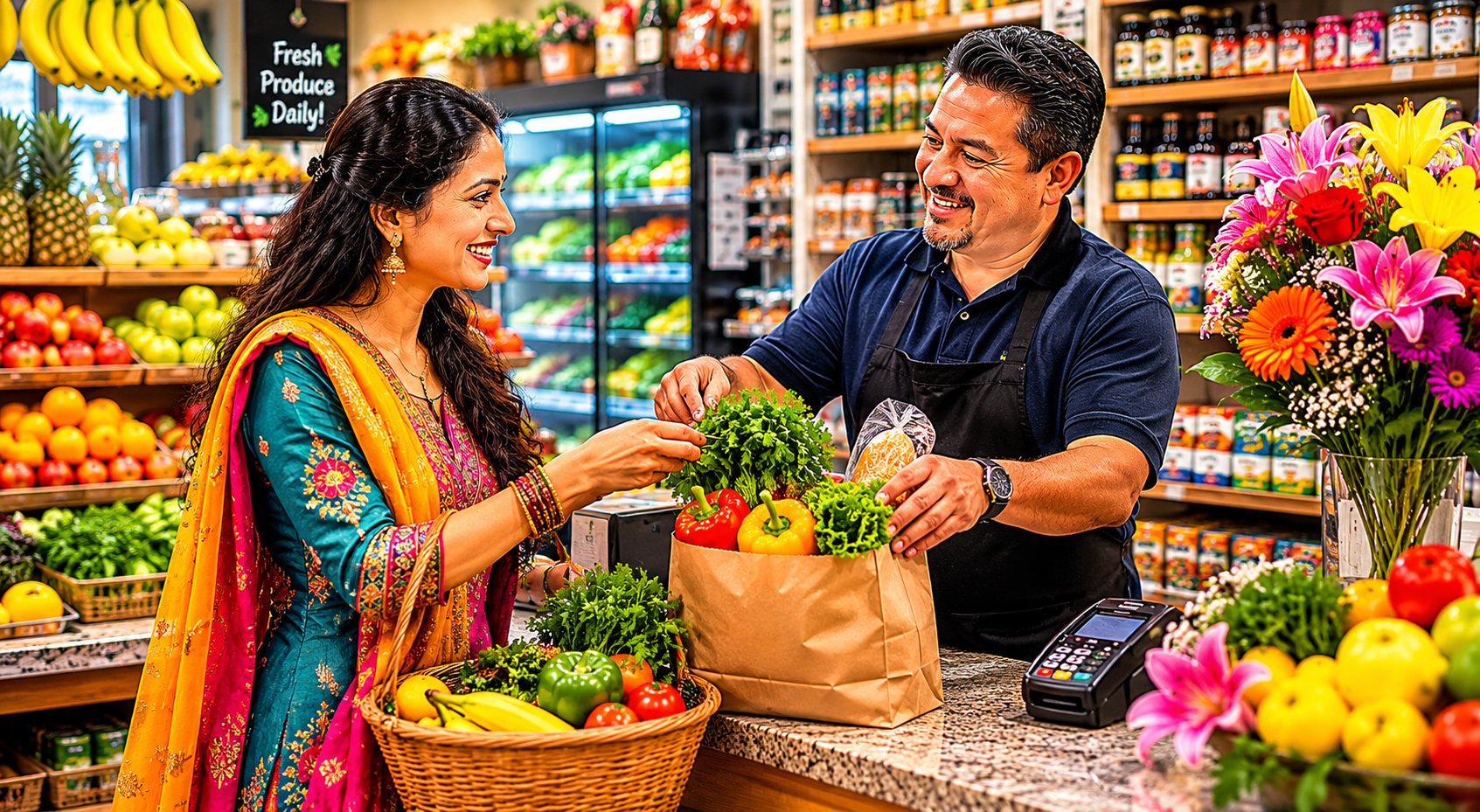 Corner Store Business — store owner packing fresh groceries for a happy customer